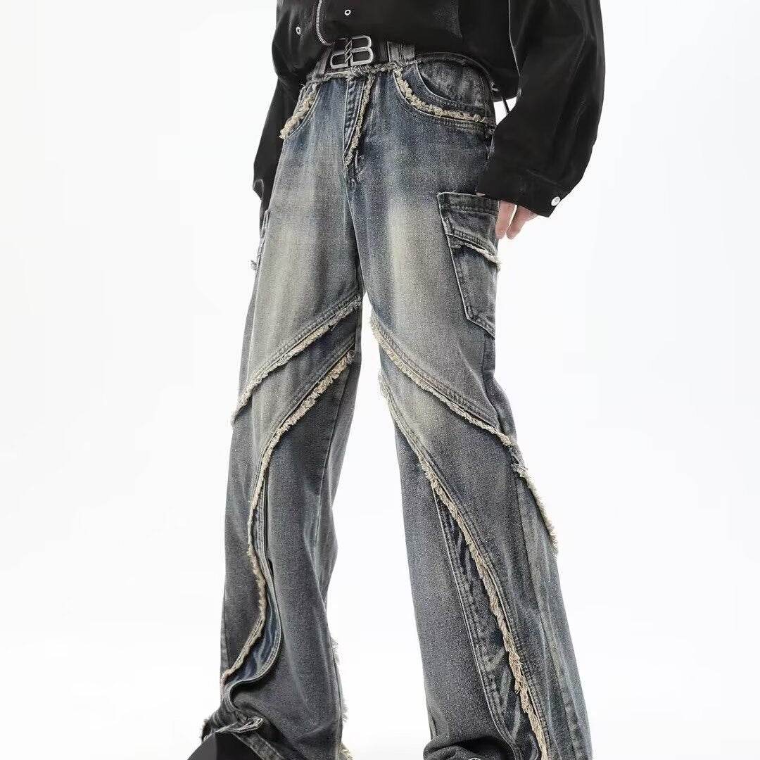 Frayed Stitching Skinny Jeans for Men - Trendy Straight-Leg Denim Style - Buy Center