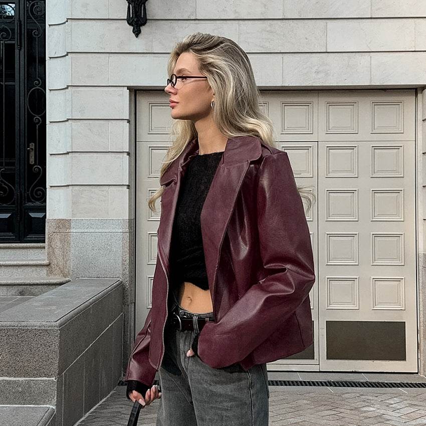 Wine Red Faux Leather Suit Jacket - Stylish Long Sleeve Outerwear 2025 - Buy Center