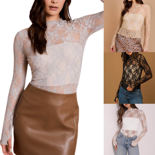 Buycenter Sheer Mesh Lace Slim-Fit T-Shirt - Stylish Long Sleeve Top - Buy Center