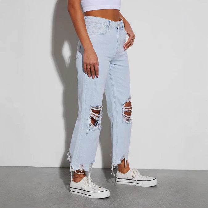 Women's Ripped Cropped Jeans - Casual Loose Fit, Mid Waist Style - Buy Center