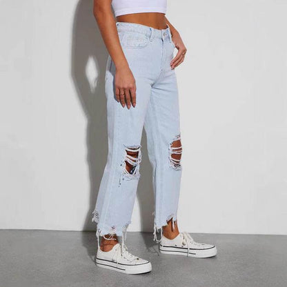 Women's Ripped Cropped Jeans - Casual Loose Fit, Mid Waist Style - Buy Center