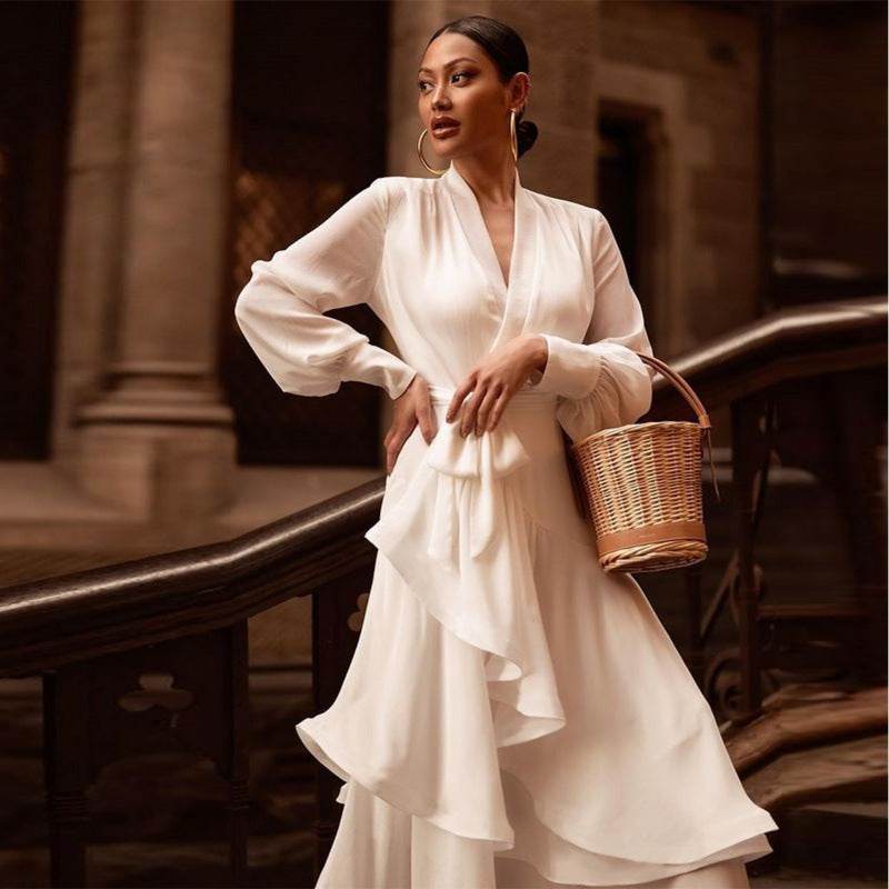 Elegant Deep V Long Dress - Solid Color Flounced Skirt for Ladies - Buy Center