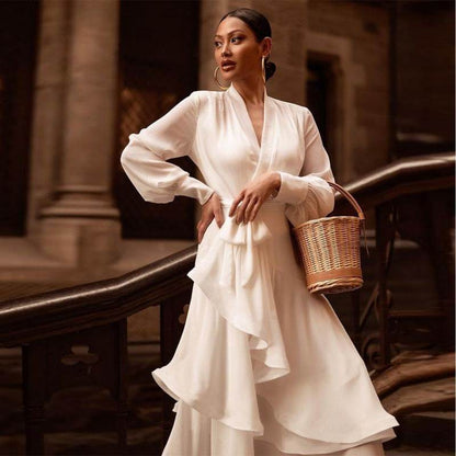 Elegant Deep V Long Dress - Solid Color Flounced Skirt for Ladies - Buy Center