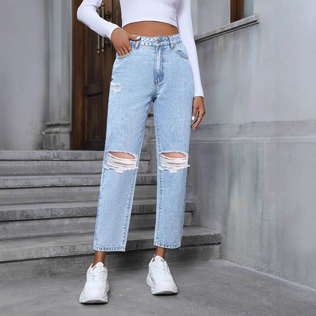Women's Ripped Denim Trousers - Casual Loose Fit for Everyday Style - Buy Center