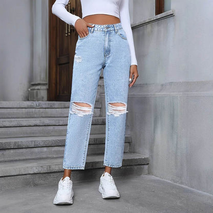 Women's Ripped Denim Trousers - Casual Loose Fit for Everyday Style - Buy Center
