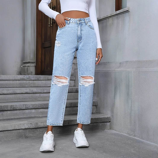 Women's Ripped Denim Trousers - Casual Loose Fit for Everyday Style - Buy Center