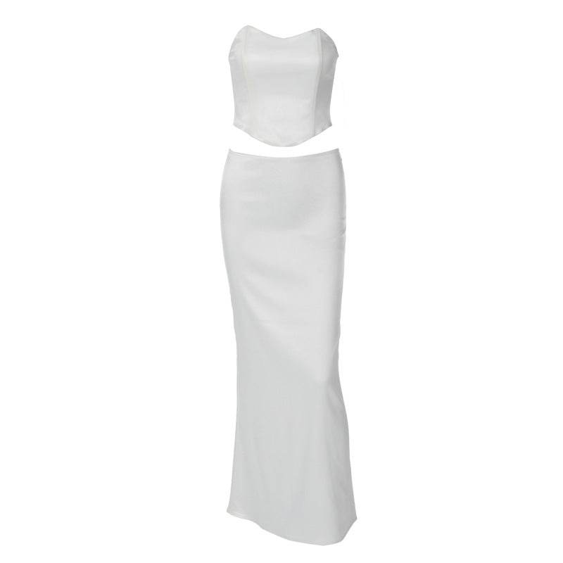 Buycenter Solid Color Lace-Up Bandeau Dress Suit - Sleek Mid-Length Style - Buy Center