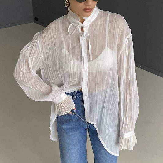Loose Flared White Cotton Blazer - Trendy Bell Sleeve Fashion Top - Buy Center