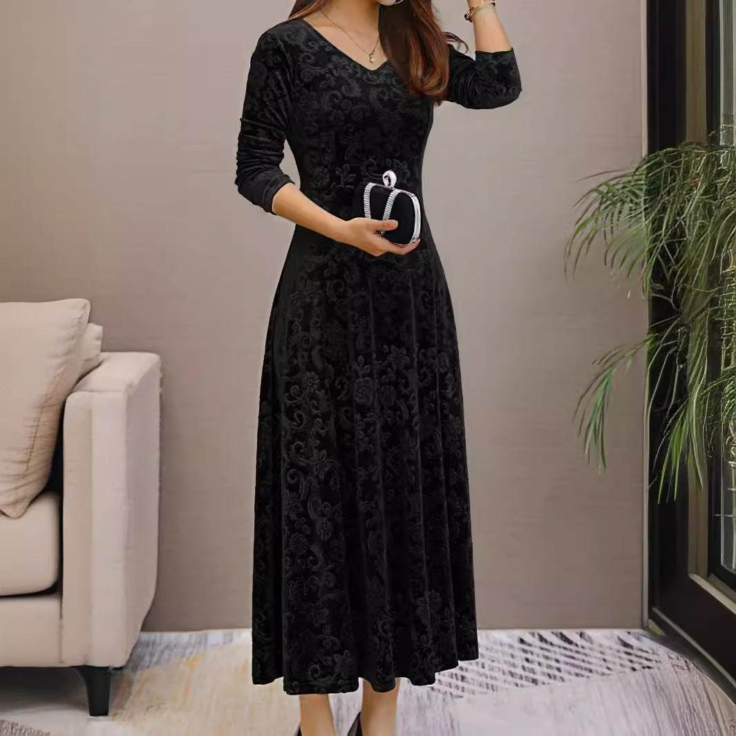 Buycenter Women's Mid-Length Velvet Dress - A-Line, Solid Colors Available - Buy Center