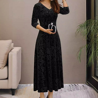 Buycenter Women's Mid-Length Velvet Dress - A-Line, Solid Colors Available - Buy Center