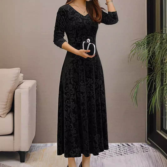 Buycenter Women's Mid-Length Velvet Dress - A-Line, Solid Colors Available - Buy Center