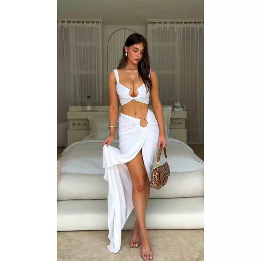 Women's Cropped Tank Top & High Waist Sheath Skirt Set - Elegant White - Buy Center