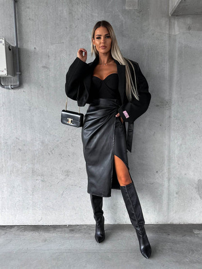 Buycenter High Waist Punk Leather Skirt - Sexy Sheath Style, Pocket Design - Buy Center