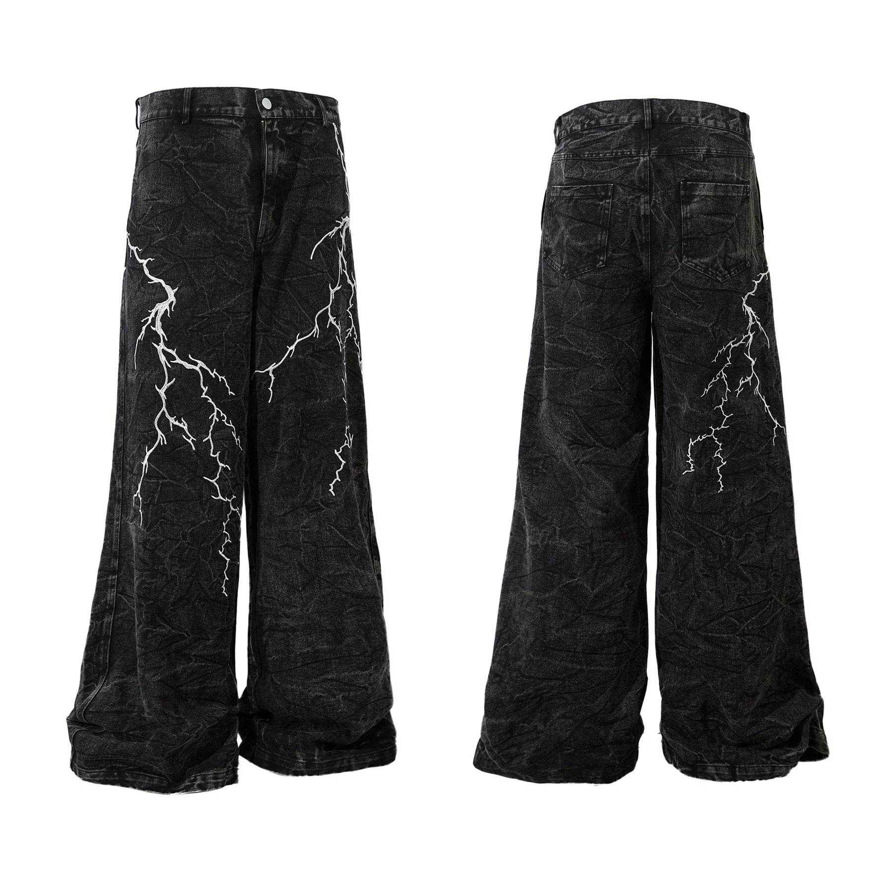 Retro Heavy Industry Loose Jeans - Lightning Embroidery Casual Style