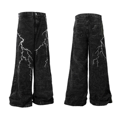 Retro Heavy Industry Loose Jeans - Lightning Embroidery Casual Style