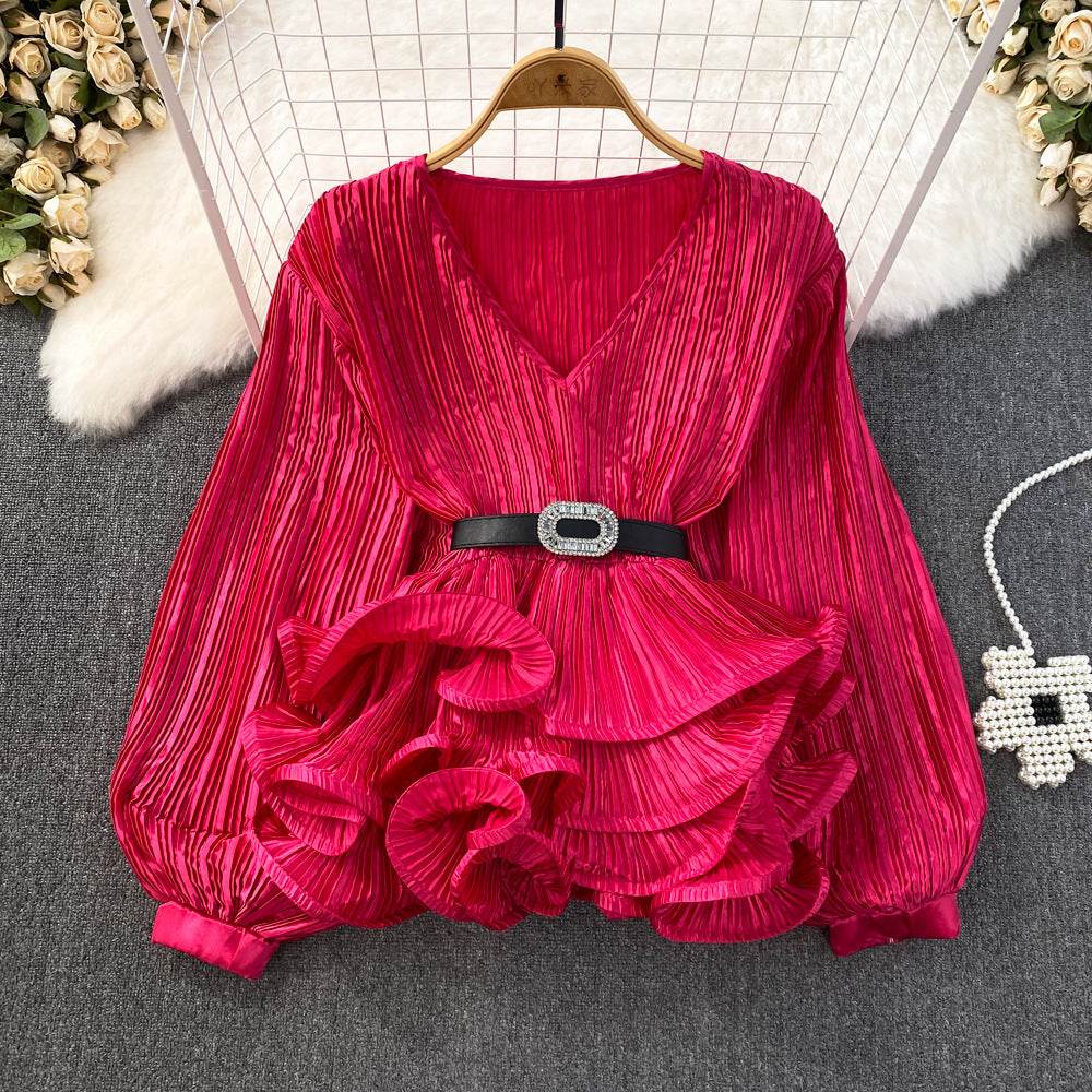 Lantern Sleeve V-Neck Pullover Shirt - Stylish Free Size Blouse for 2025 - Buy Center
