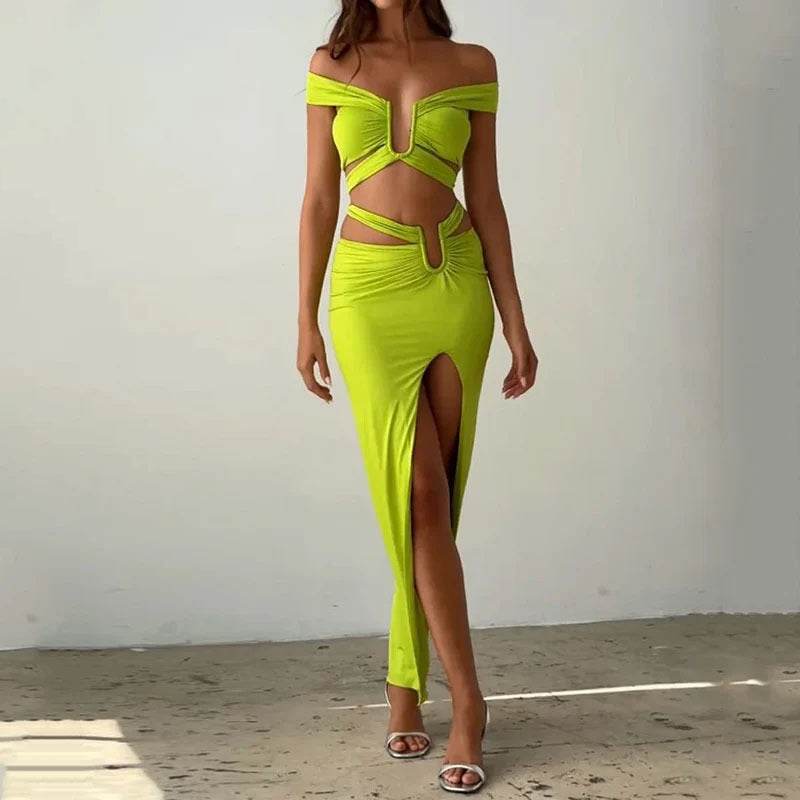 Women's Long Skirt Two-Piece Set in Yellow Green - Stylish & Trendy - Buy Center