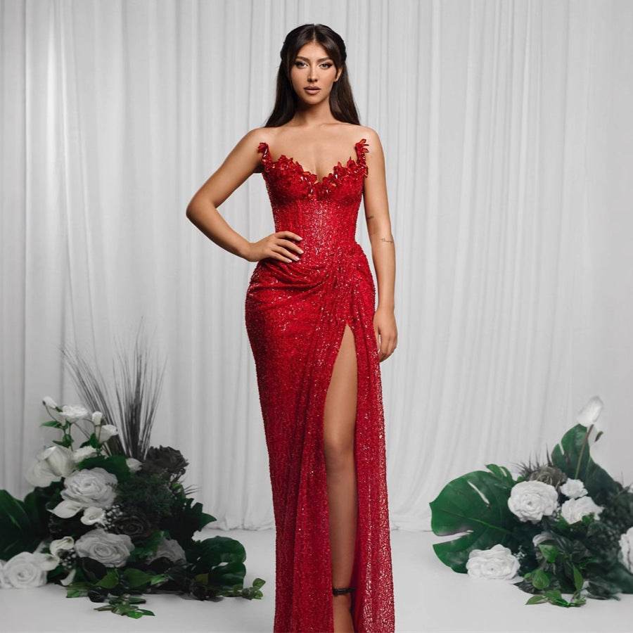 Drop-Shaped Diamond Red Paillette Dress - Sexy Low-Cut Tube Style - Buy Center