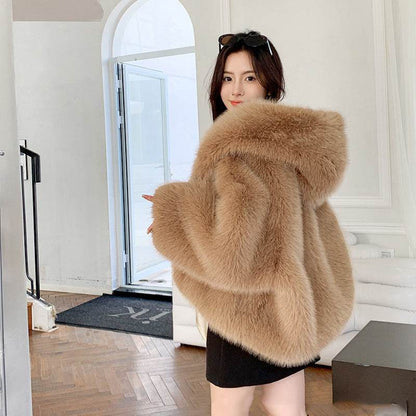Women's Green Faux Fox Fur Hooded Coat - Stylish Winter Fashion 2025 - Buy Center
