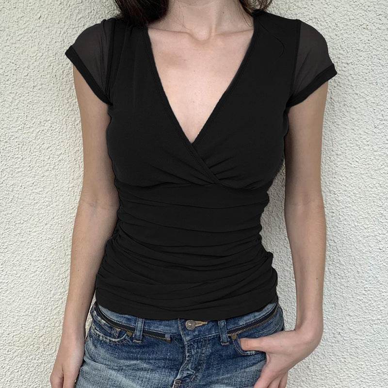 Buycenter Deep V Design Ladies Short Sleeve - Pleated Mesh Top, Black - Buy Center