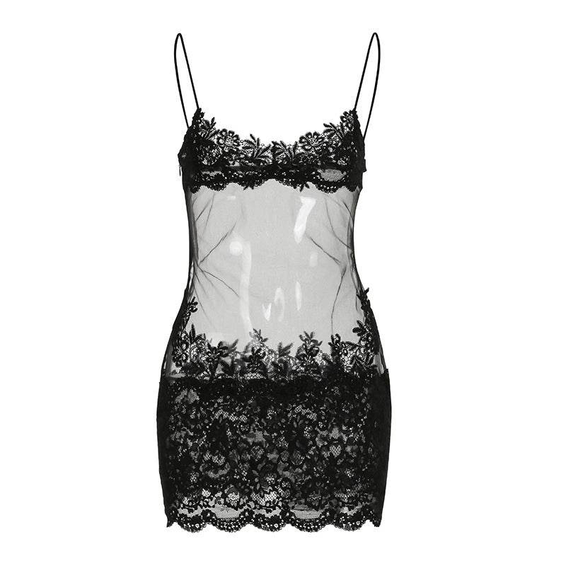 Lace Stitching See-Through Mesh Camisole Dress - Stylish Sling for Women - Buy Center