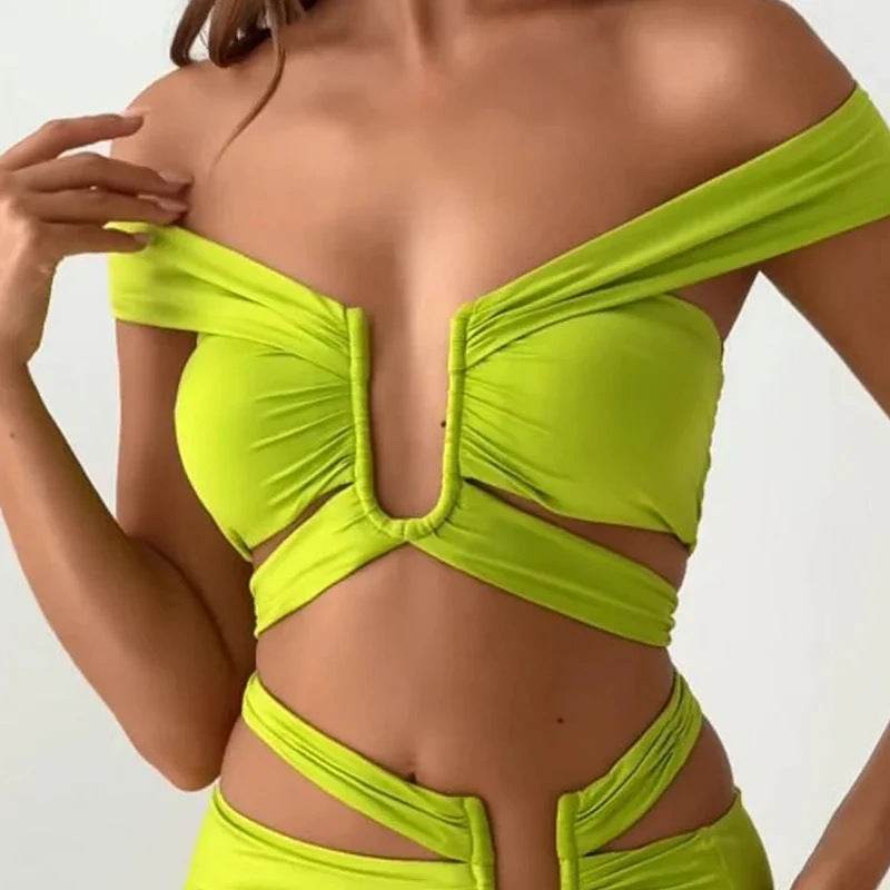 Women's Long Skirt Two-Piece Set in Yellow Green - Stylish & Trendy - Buy Center