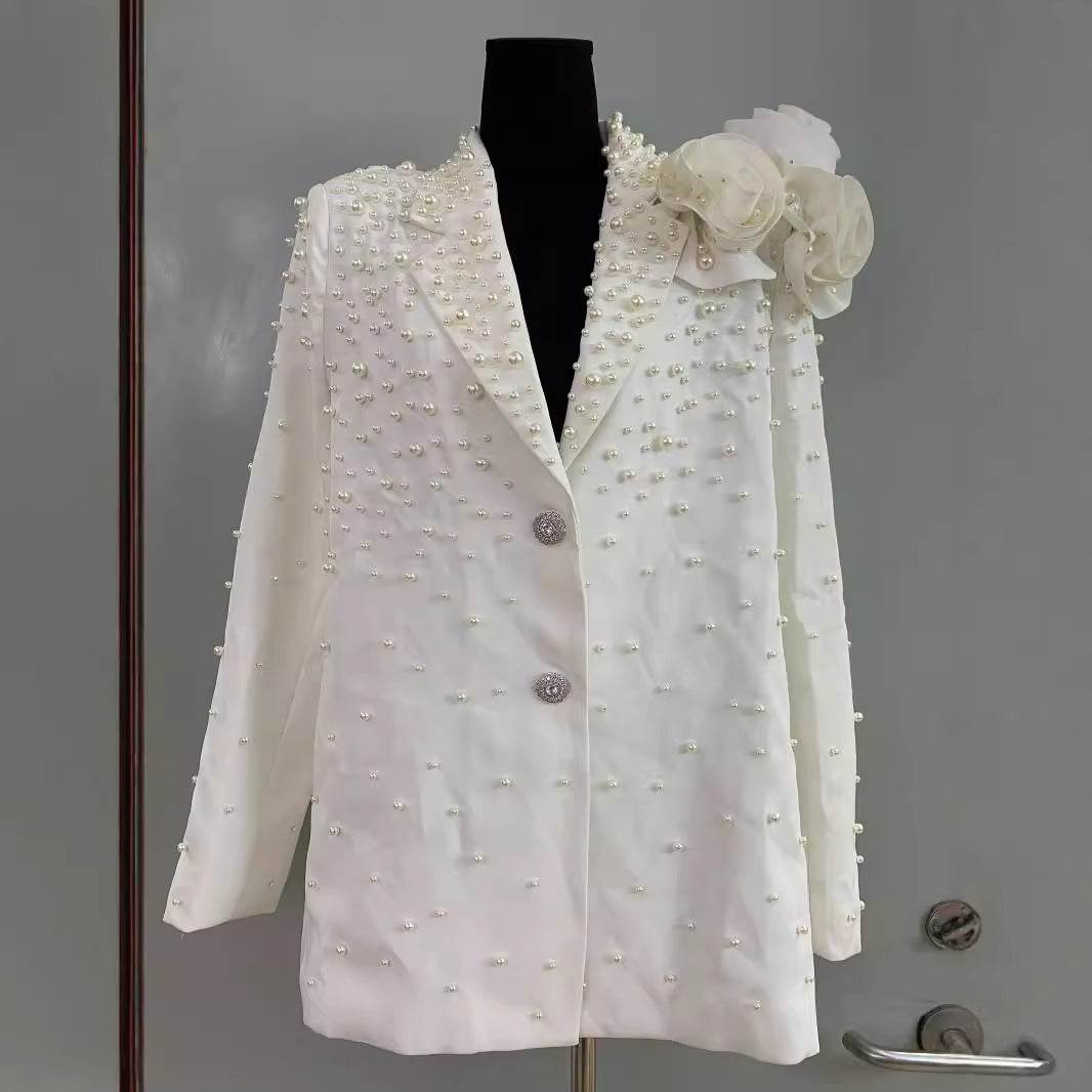 Elegant Beaded Suit Collar Jacket - Three-Dimensional Flower Detail - Buy Center