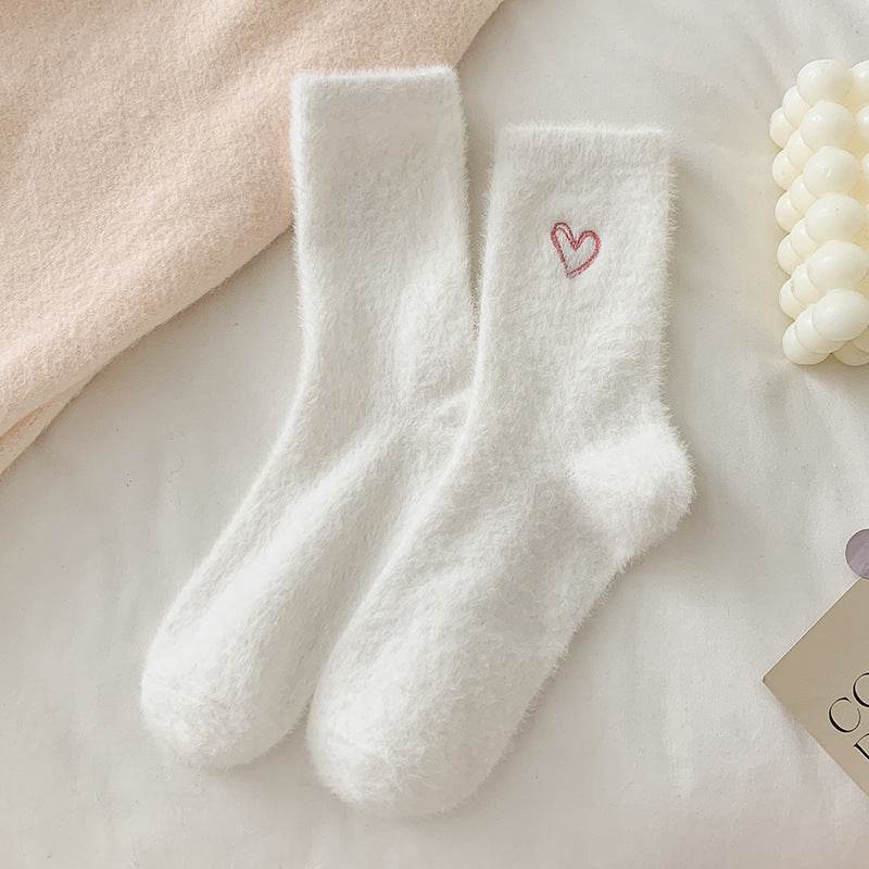 Women's Love Embroidered Plush Socks - Cozy Mink Fur, Non-Slip Design - Buy Center
