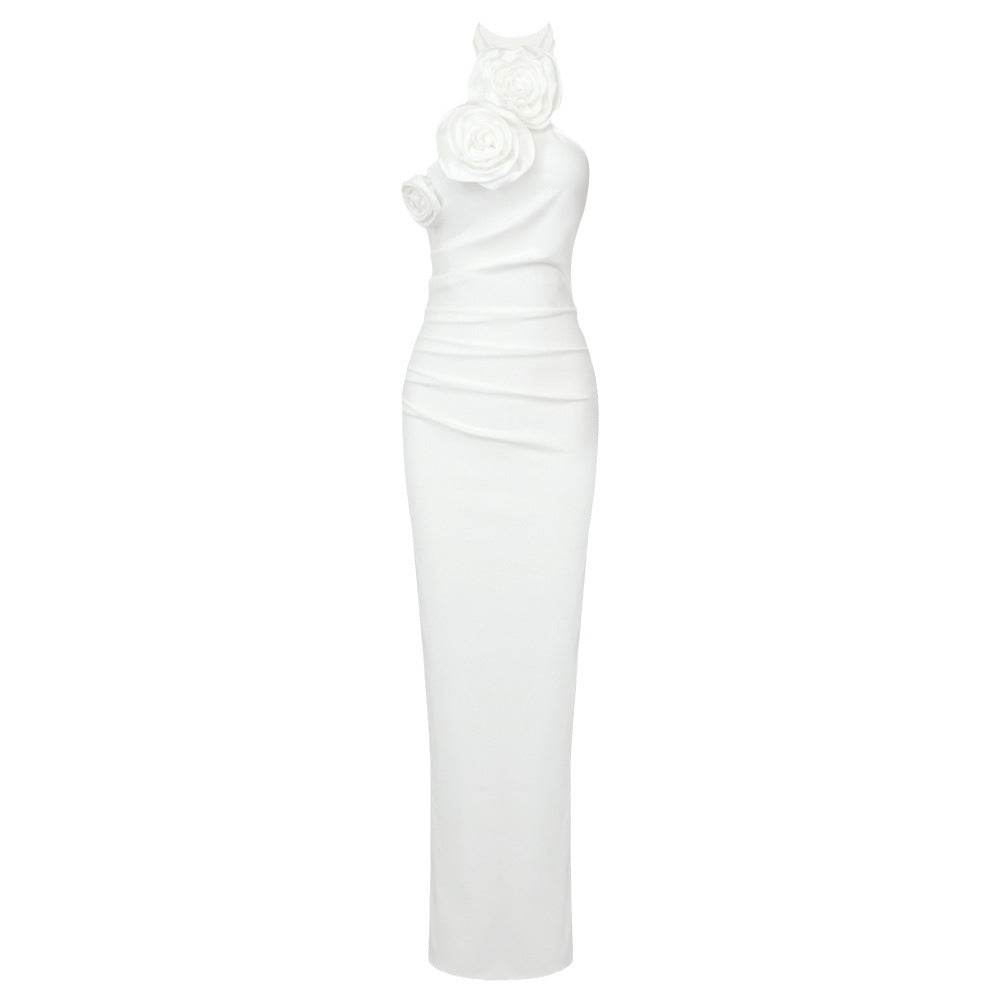 Elegant White Ribbon Flower Halter Dress - Trendy Cocktail Style 2025 - Buy Center