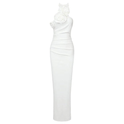Elegant White Ribbon Flower Halter Dress - Trendy Cocktail Style 2025 - Buy Center