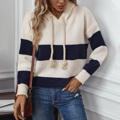 Stylish Hooded Pullover Sweater for Women - Trendy Color Contrast Design - Buy Center