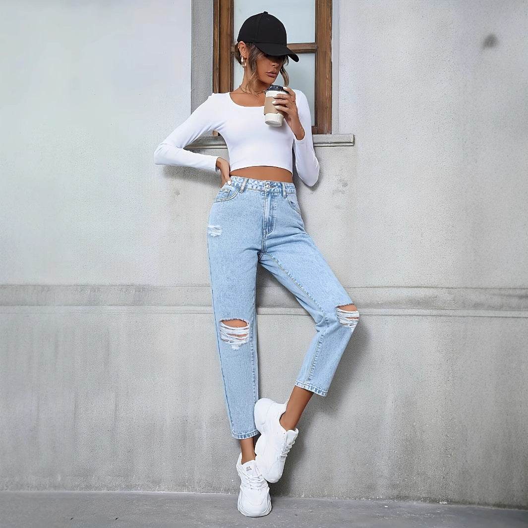 Women's Ripped Denim Trousers - Casual Loose Fit for Everyday Style - Buy Center