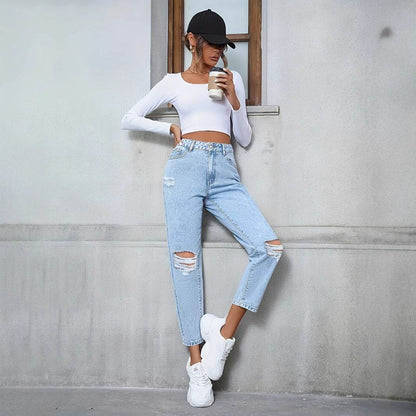 Women's Ripped Denim Trousers - Casual Loose Fit for Everyday Style - Buy Center