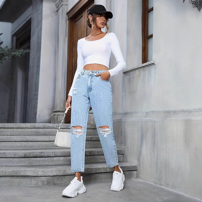 Women's Ripped Denim Trousers - Casual Loose Fit for Everyday Style - Buy Center