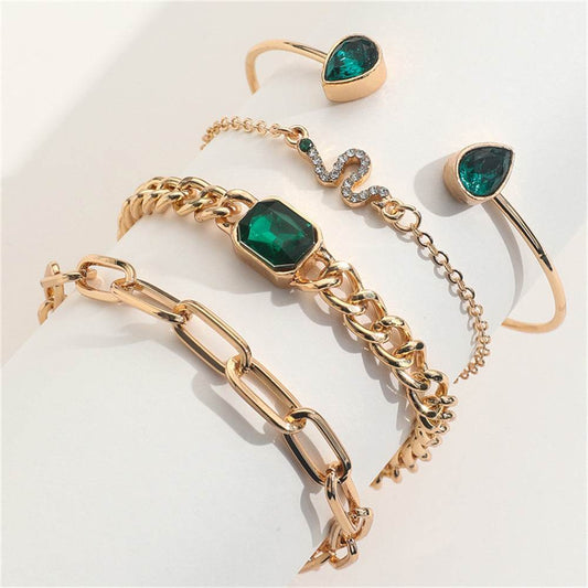 Buycenter Premium Green Diamond Snake Bracelet - Elegant 4-Piece Set - Buy Center
