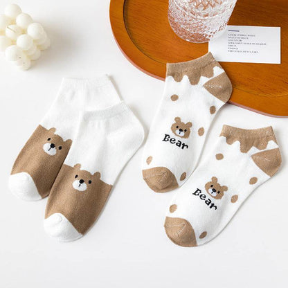 Cute Brown Bear Low-Cut Women's Socks - 5 Pairs of Fun Style - Buy Center
