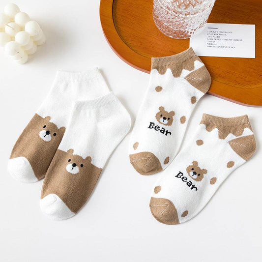 Cute Brown Bear Low-Cut Women's Socks - 5 Pairs of Fun Style - Buy Center