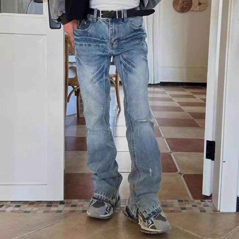 Paris Style Bootleg Pants - Lightning Pattern Wash Split Jeans for Men