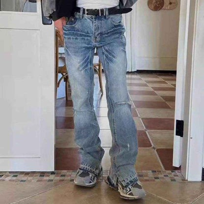 Paris Style Bootleg Pants - Lightning Pattern Wash Split Jeans for Men