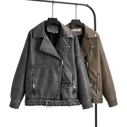 Buycenter Women's Washed PU Leather Jacket - European Style, Milky White - Buy Center