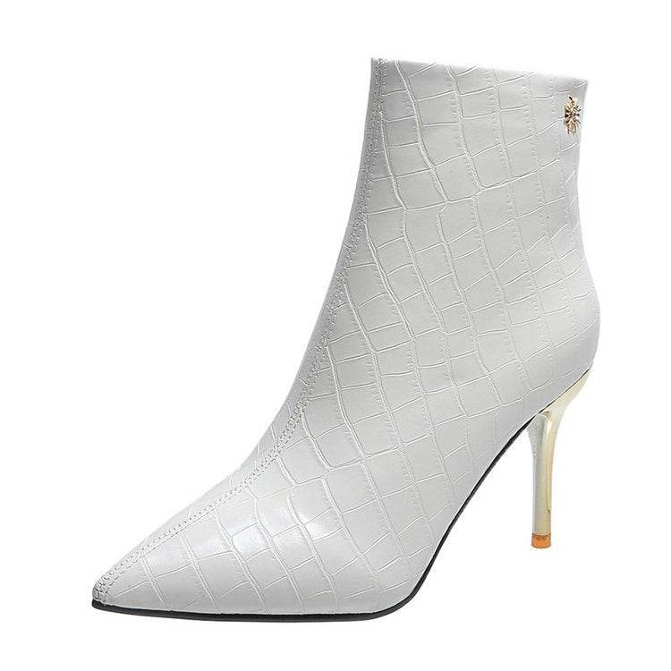 Stone Pointed Patent Leather Stiletto Boots - Waterproof Mid Heel Style - Buy Center