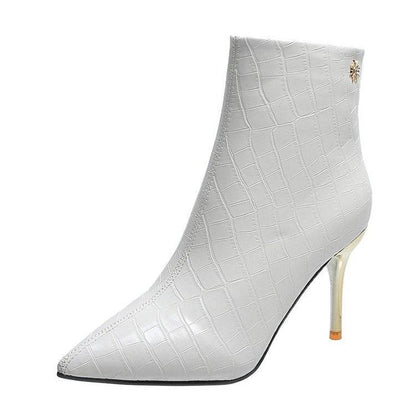 Stone Pointed Patent Leather Stiletto Boots - Waterproof Mid Heel Style - Buy Center