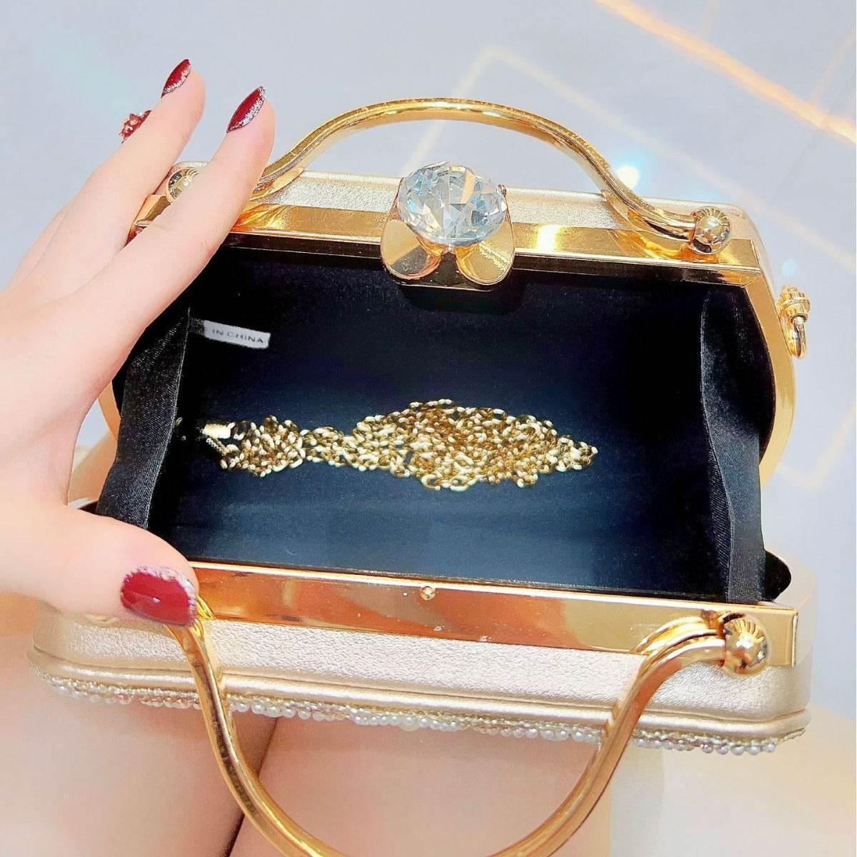 Buycenter Women's Rhinestone Handbag - Solid Color, Stylish Clutch Bag - Buy Center