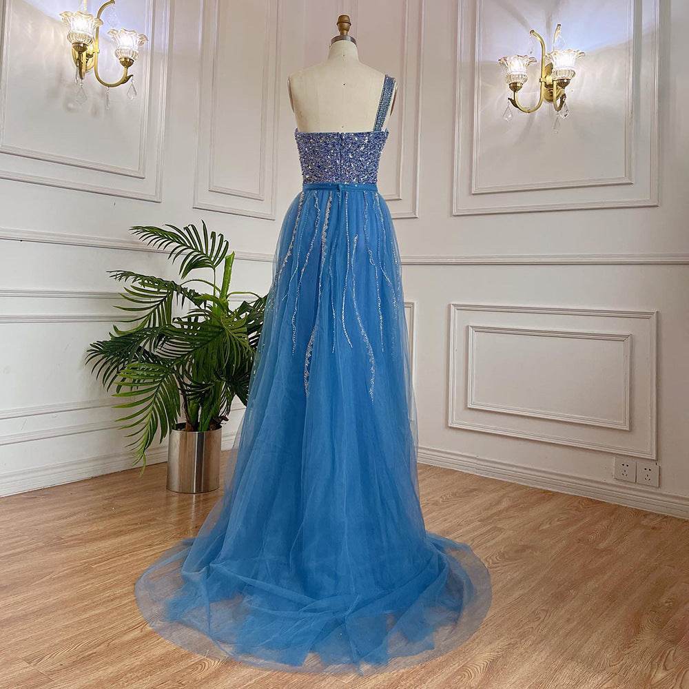 Blue Handmade Beaded Fishtail Dress - Elegant Split Shoulder Evening Wear - Buy Center
