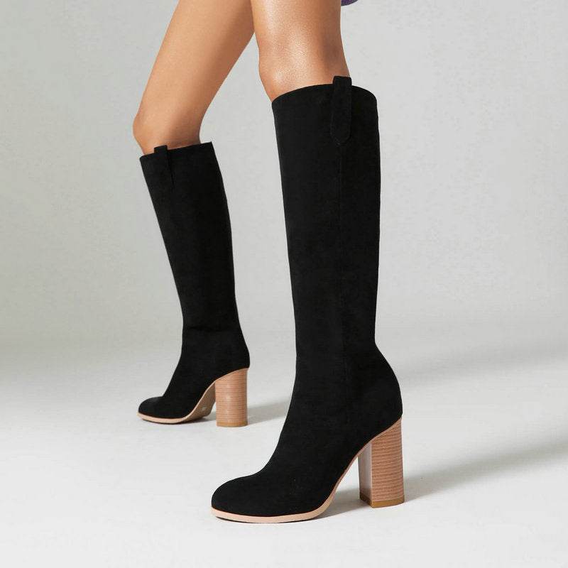 Buycenter Long Suede Boots for Women - Chunky Heel, Round Toe Style - Buy Center