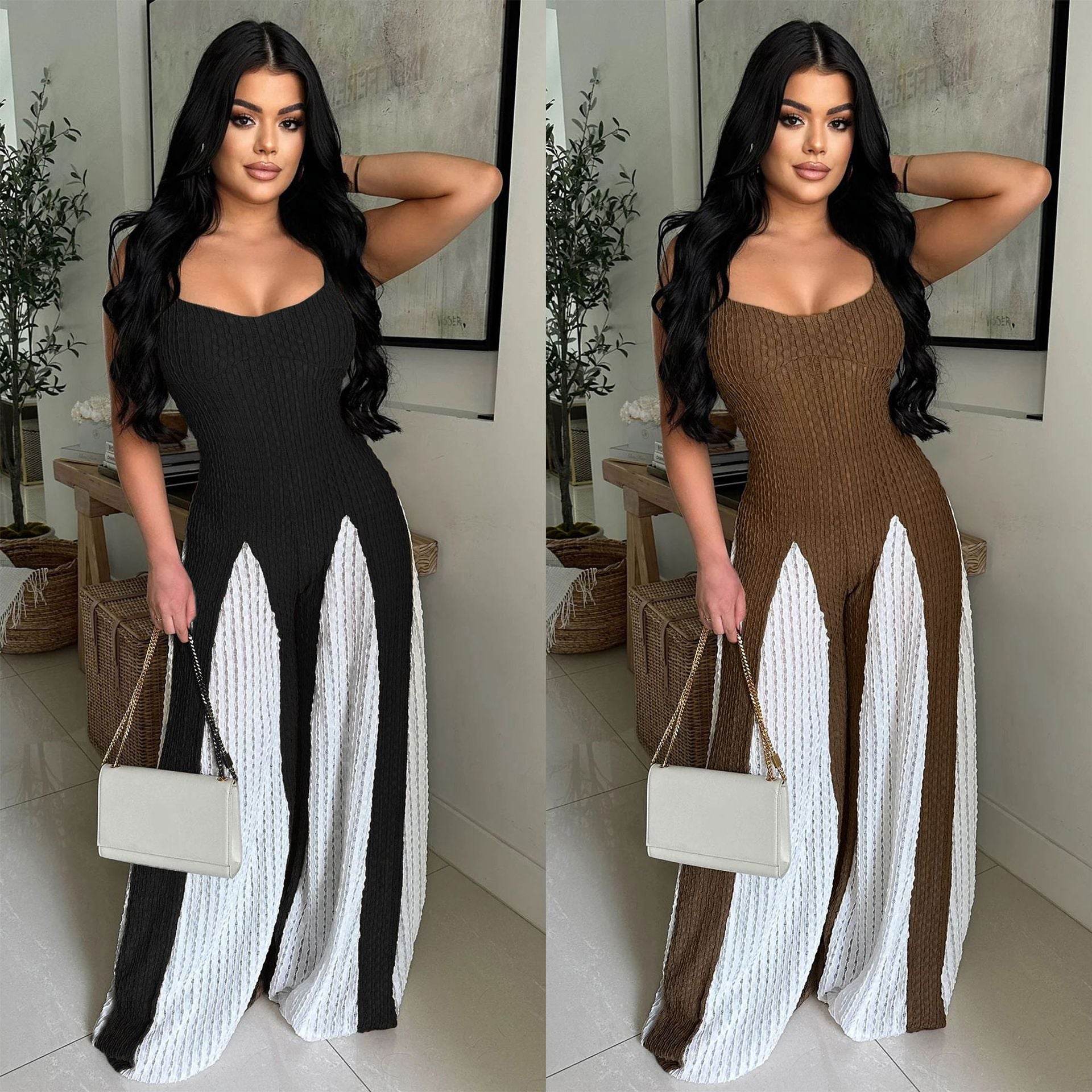 Trendy Wide Leg Knitted Jumpsuit - Sexy Cutout Design & Contrast Colors - Buy Center