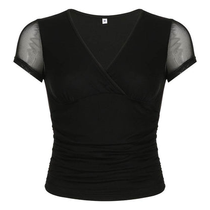 Buycenter Deep V Design Ladies Short Sleeve - Pleated Mesh Top, Black - Buy Center