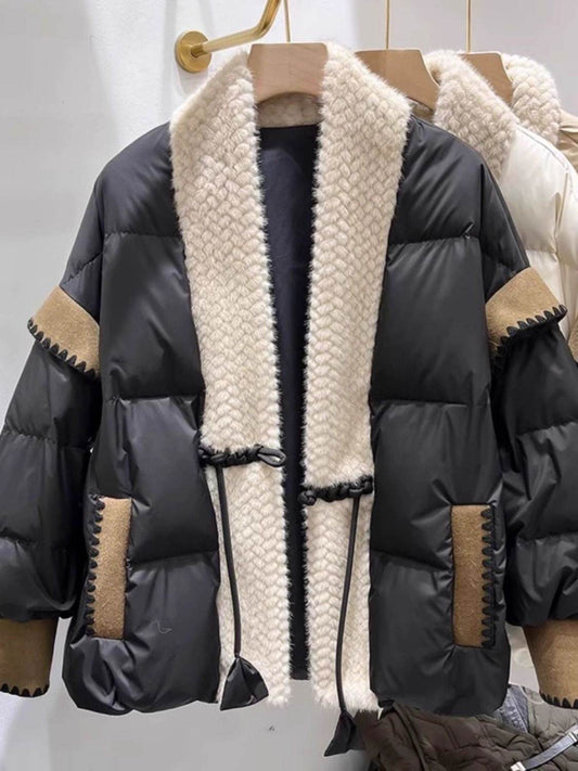 Stylish V-Neck Furry Down Jacket - Padded Winter Coat for Women - Buy Center