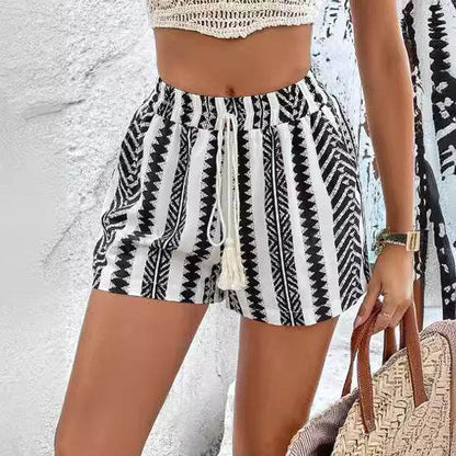 Women's Elegant Lace-up Shorts - Chic Black & White Fashion Statement - Buy Center