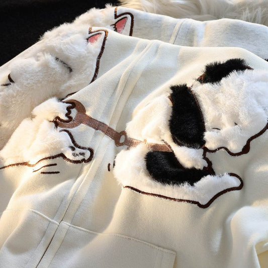 Cartoon Cat Zipper Sweater for Women - Casual Loose Fit Hoodie in Apricot - Buy Center